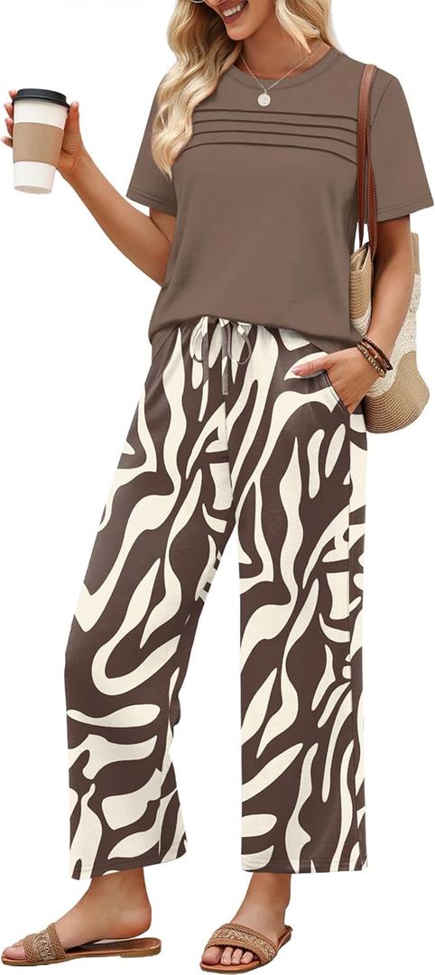 WIHOLL Two Piece Sets for Women Summer Spring Outfits Travel Airport Beach Vacation Clothes Wide Leg Pants Lounge Sets L