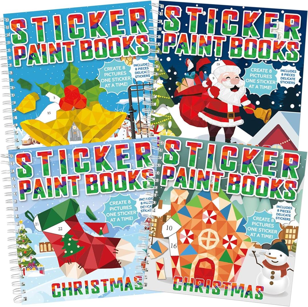 4 Pcs Christmas Paint by Sticker Books by Number Books Activity Book Sticker Puzzle Book Craft Art Gift Snowman Santa Claus Xmas Tree 32 Pictures