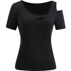 Women's Summer Cold Shoulder Tops Cut Out Asymmetrical Neck Going Out T Shirts (Large,Black)