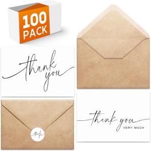 100 PACK Thank You Cards Bulk with Kraft Envelopes and Matching Stickers, 4x6 Inch Blank Greeting Cards Suitable for Small Business, Baby Shower Wedding, Graduation, Bridal Shower, Funeral, Engagement