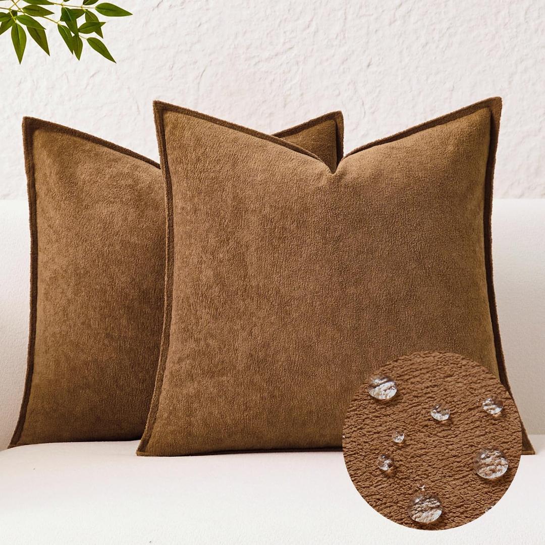Kevin Textile Waterproof Decorative Pillow Covers Brown 20x20 Inch Pack of 2 Soft Boucle Textured Throw Pillowcases Elegant Accent Pillows for Couch Sofa Chair Bed Home Decor Indoor Outdoor
