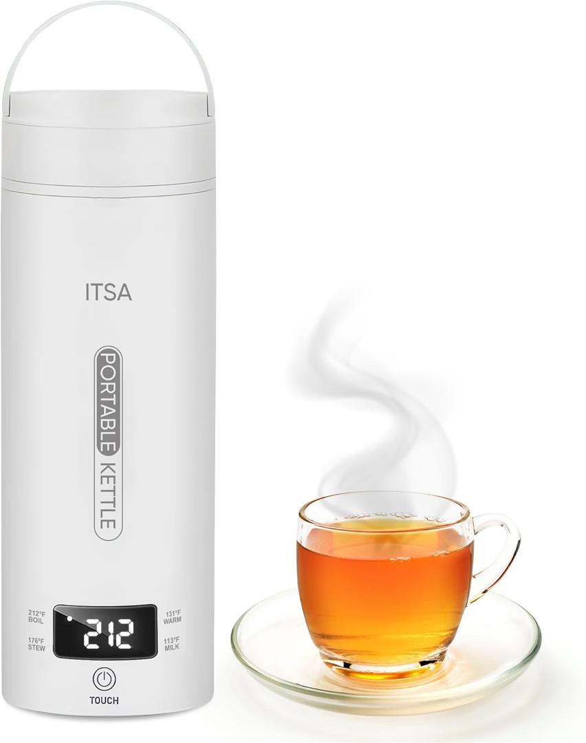 ITSA Travel Electric Kettle 500ml Portable Stainless Steel Water Boiler with Temperature Control & Auto Shut Off  Mini Electric Kettle for Coffee, Tea & Hot Water, BPA-Free (WHITE)