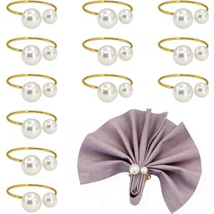 Gold Pearl Napkin Rings Set of 12, 4cm Ring with 1.2cm & 1.6cm Double Pearls for Elegant Table Setting, Wedding, Christmas, Thanksgiving Dinner Party Decor