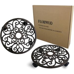 2pcs Heavy Duty Cast Iron Flowerpot Holder Plant Caddy 11 inch, Flower Stand Round Planter Holder with 4pcs 360 Caster Wheels - Rustic Dark Brown