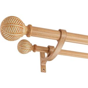 Wood Double Curtain Rods Set for Windows 140 to 164 Inches (11 to 14 ft), Adjustable Heavy Duty Dual Drapery Rods, 1 Inch Boho Rustic Decorative Design with Imitation Wood Grain Leaf Finials