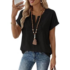 EVALESS Womens Tops Summer Trendy Dressy Casual Boho V Neck Short Sleeve Shirts Work Business Cute Loose Blouses (Black, L)