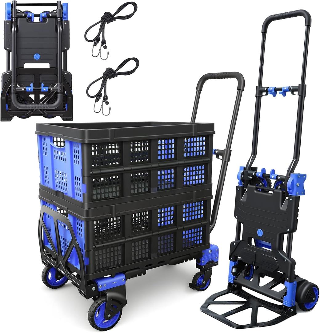 2-in-1 Folding Hand Truck with 2 Folding Basket,330lbs Capacity Heavy Duty Hand Truck,with Telescoping Handle and Rubber Wheels,Portable Dolly Cart with Bungee Cords for Moving, Travel,Shopping