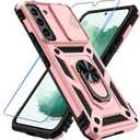 Compatible with Samsung Galaxy S22 Case with Screen Protector[Not for S22+],Heavy Duty Shockproof Full Body Phone Cover Built in Slide Camera Lens Cover+Ring Holder,2022 Rose Gold