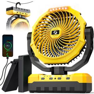 Korbot 36000mAh Portable Camping Fan - 120HRS Rechargeable Fan with Detachable Battery with LED & Remote - 4 Speeds Battery Powered for Tent,Travel, Office, Jobsite (Yellow2)