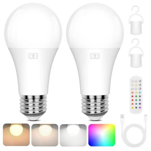 2-Pack A19 Rechargeable Light Bulbs with Remote, 15 Colors Shift + Dimmable Battery Operated Detachable LED Bulbs with 3 Timer, Wireless Emergency Puck Light Bulb for Lamps Wall Sconce, Non-Hardwired