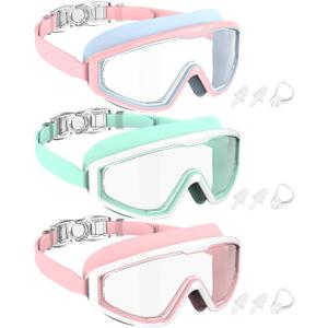 NSSIW Swim Goggles Swimming Kids-Goggles: Anti Fog No Leak with Nose Clip Earplugs for Girls Boys Youth 6-14 3 Pack (04 Blue Pink & Light Green & Pink)