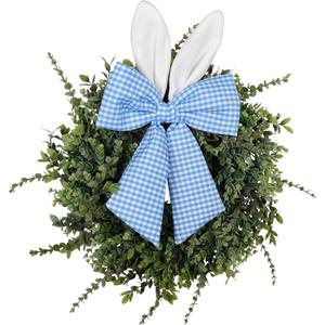 24" Easter Wreath for Front Door, Artificial Green Boxwood Spring Wreath with Bunny Ears & Blue Plaid Bow, Spring Easter Outdoor/Indoor Decor for Home Farmhouse Office Porch Wall Mantel Window