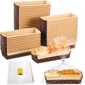 Sabary 50 Pcs Paper Loaf Pans for Baking 9 x 3 x 2 In Disposable Paper Baking Loft Mold 50 Pcs Disposable Holiday Bakeware Clear Bread Bags with Ties Plastic Bread Storage Bags for Baked Goods Bakery