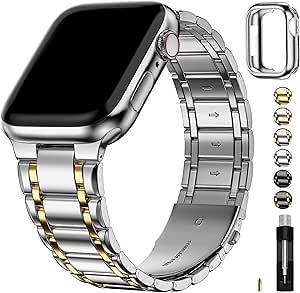Fullmosa Compatible Metal Apple Watch Bands Series 11 10 42mm, Stainless Steel iWatch Band with TPU Protective Case for Apple Watch, 42mm Silver Gold