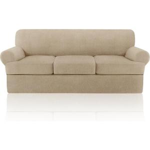 4 Piece T Cushion Sofa Slipcovers Stretch Couch Slip Cover for 3 Cushion Couch Sofa, Machine Washable for Living Room (Island Fossi, 3 Cushions)