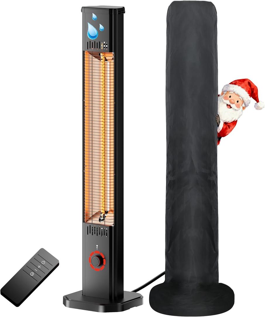 Outdoor Heater for Patio 1500W, 8H Timer, Waterproof, Infrared Electric Patio Heater, 8 Levels Heating for Garage Backyard Black with Dustproof Cover