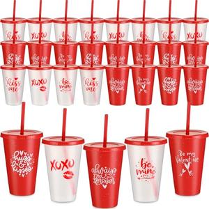 Ziliny 36 Pcs Valentine's Day Tumbler Bulk with Straw and Lid 24 oz Reusable Plastic Heart Cup Clear Red Cups for Coworker Teacher Gifts for Valentines Wedding Anniversary Party Supplies