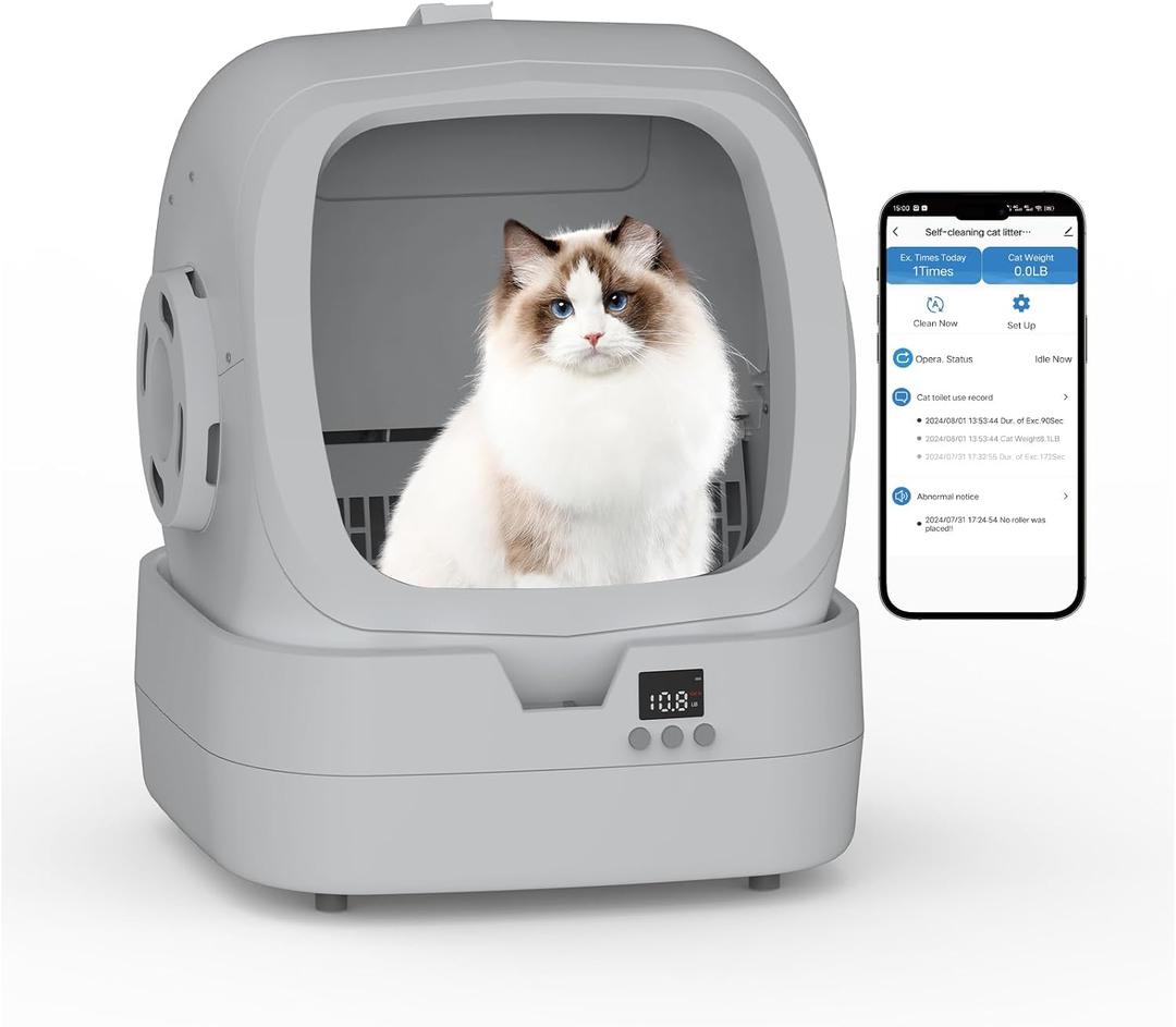 Mintakawa Automatic Cat Litter Box Self Cleaning - APP Control and Weight Monitoring - Ultra-Quiet, Suitable for Medium Cats and Kittens, Safe Anti-Pinch Litter Box (Assembly Required) - Light Grey
