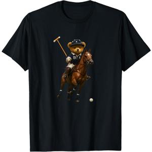 Cool Teddy Bear Playing Horse Polo Game Illustration Graphic T-Shirt (Blue, L)