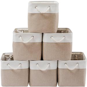 13 x 13 Inch Cube Storage Bins, 6 Pack Extra Large Collapsible Fabric Storage Bin with Ropes, Foldable Storage Cubes for Home (White & Beige-13"x13"x13")