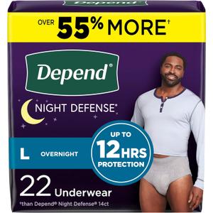 Depend Night Defense Adult Incontinence Underwear for Men, Disposable, Overnight, Large, Grey, 22 Count