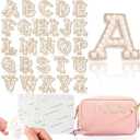 52PCS 2Set A-Z Bling Pearl Rhinestone Letter Patches W/Self Adhesive, Glitter Alphabet Appliques Initial Stickers Decorative for DIY Craft Clothes Bags Hats Phone Backpacks Shoes (White Gold)