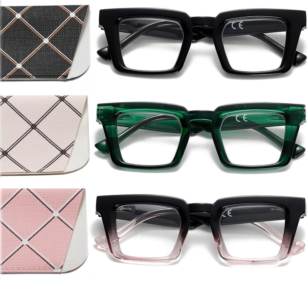 Oprah Style Reading Glasses for Women Blue Light Blocking Square Oversized Stylish Thick Readers Spring Hinge (3 Pack-a2)