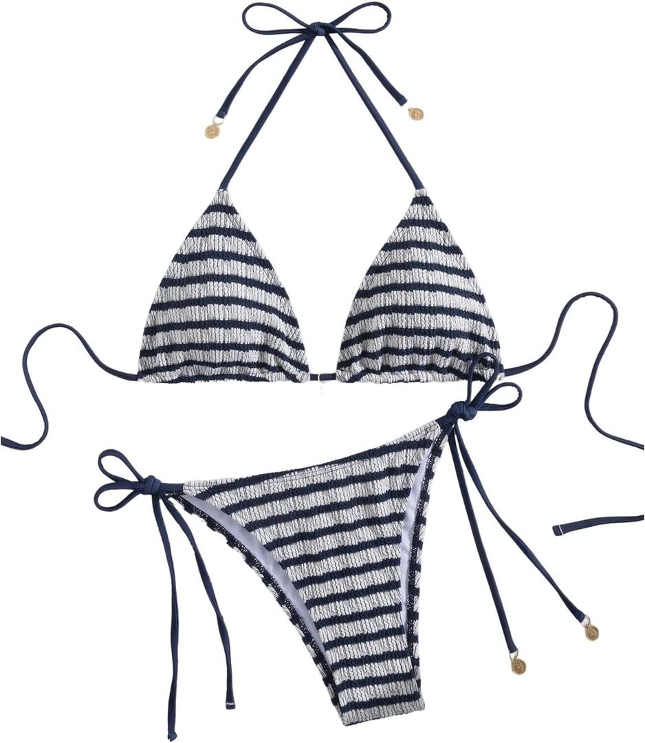 MakeMeChic Women's Halter Triangle Thong Bikini Sets High Cut Swimsuit Bathing Suit Swimwear (Medium)