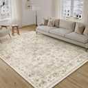 WondRg 6x9 Washable Neutral Area Rug Beige Vintage Living Room Bedroom Carpet Non-Slip Soft Low Pile Floral Indoor Throw Rug for Dining Room Entryway Office