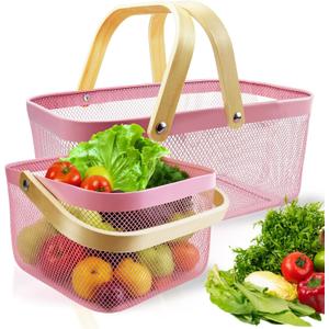 Cheardia 2 Pack Picnic Baskets, Metal Mesh Harvest Basket with Foldable Wooden Handle, Rectangle Garden Storage Basket Bin for Vegetable Fruit Garden Kitchen Cabinet Picking Gathering, Pink