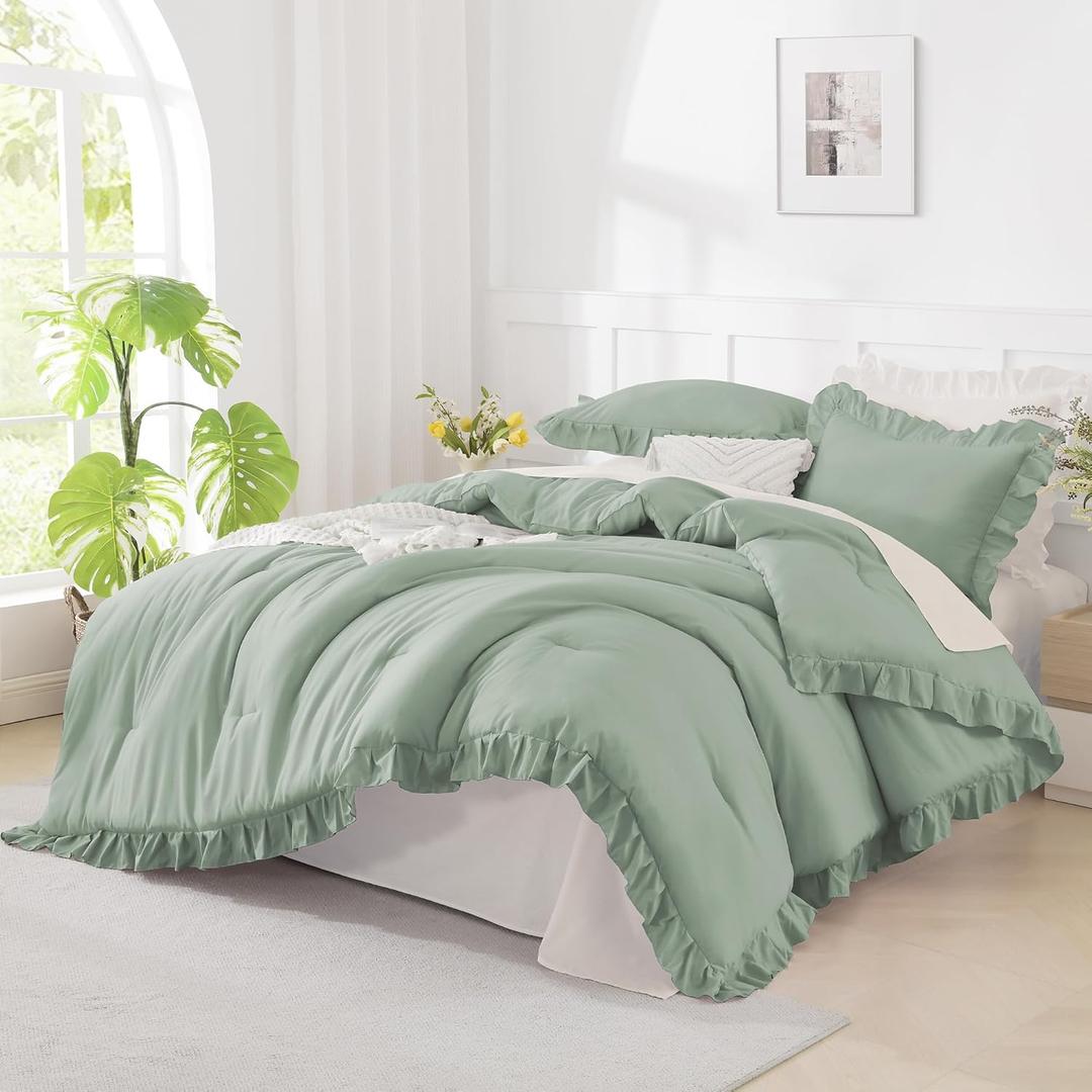 Andency Queen Size Comforter Set, Sage Green Ruffle Bedding Set, 3 Pieces Boho Comforter for Queen Bed, Farmhouse Ruffle Bed Comforter Set, Lightweight and Soft Bedding Comforter for All Seasons