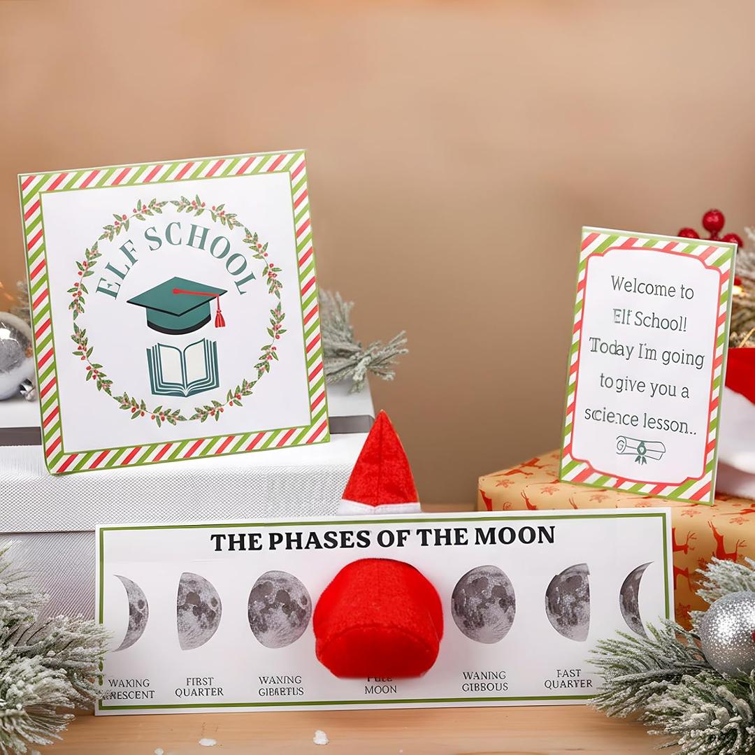 3 Pcs Elf Moon Phases Props Funny Stages of The Moon Scene Stand Props Elf School Cards Lunar Christmas Ideas Decoration Holiday Christmas DIY Activities Accessories