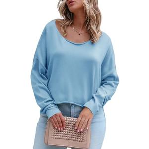 Women's Long Sleeve Boat Neck Sweatshirts Basic Relaxed Fit Pullover Tops with Raw Edge (Light Blue,Small) (Blue, S)