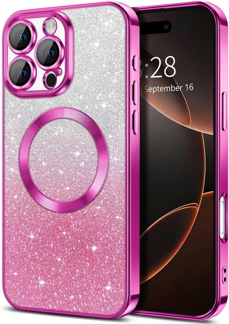 Hython for iPhone 16 Pro Max Case Clear Magnetic Glitter Phone Cases [Compatible with MagSafe] Full Camera Lens Protector Slim Gradient Sparkle Luxury Plating Shockproof Protective Cover, Hot Pink
