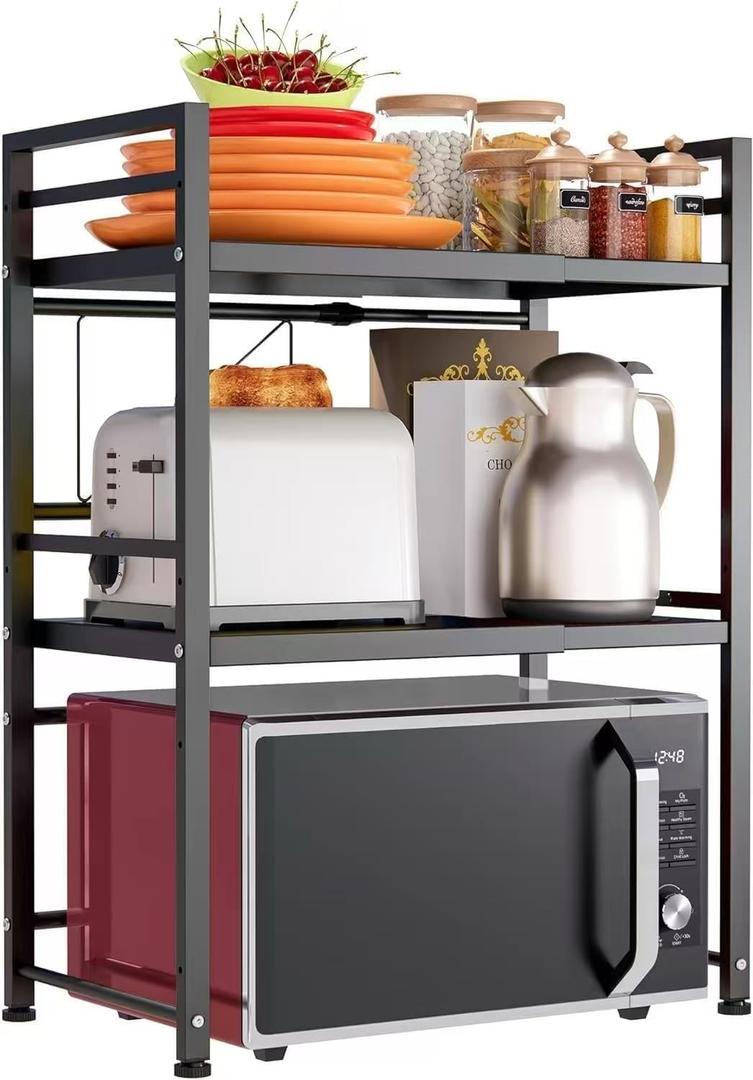 DOLALIKE Expandable Microwave Rack, Countertop Kitchen Utensils Tableware Storage, Carbon Steel 3 Tier Shelf with 3 Hooks (Black)