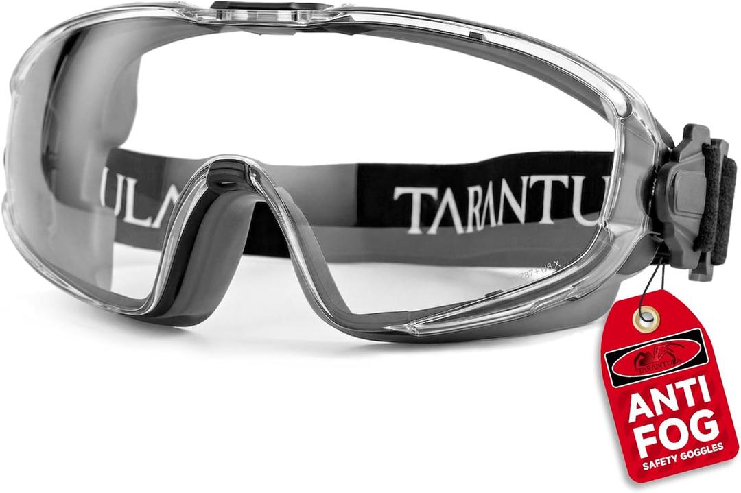 Tarantula ANSI Z87.1+ Safety Goggles Over Glasses, Anti-Fog & Anti-Scratch, Adjustable Strap, Lab Eye Protection, Woodworking (One Size, Clear & Grey)