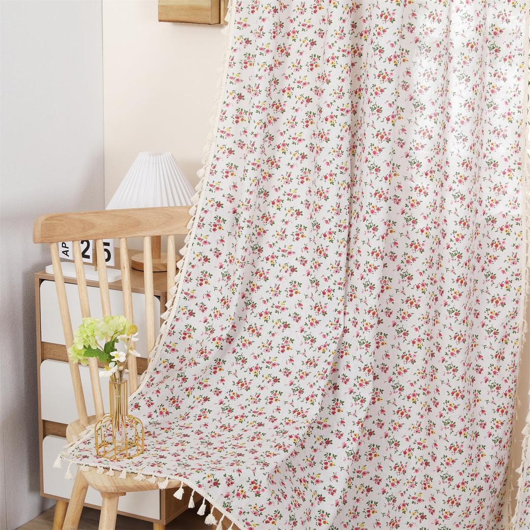 1 Pair Floral Linen Curtains Rustic Country Style Light Filtering Rod Pocket Window Drapes Beige Tassels, 52" W x 84" L Red Rose Flower on Beige (52"W x 84"L - 2 Panels)