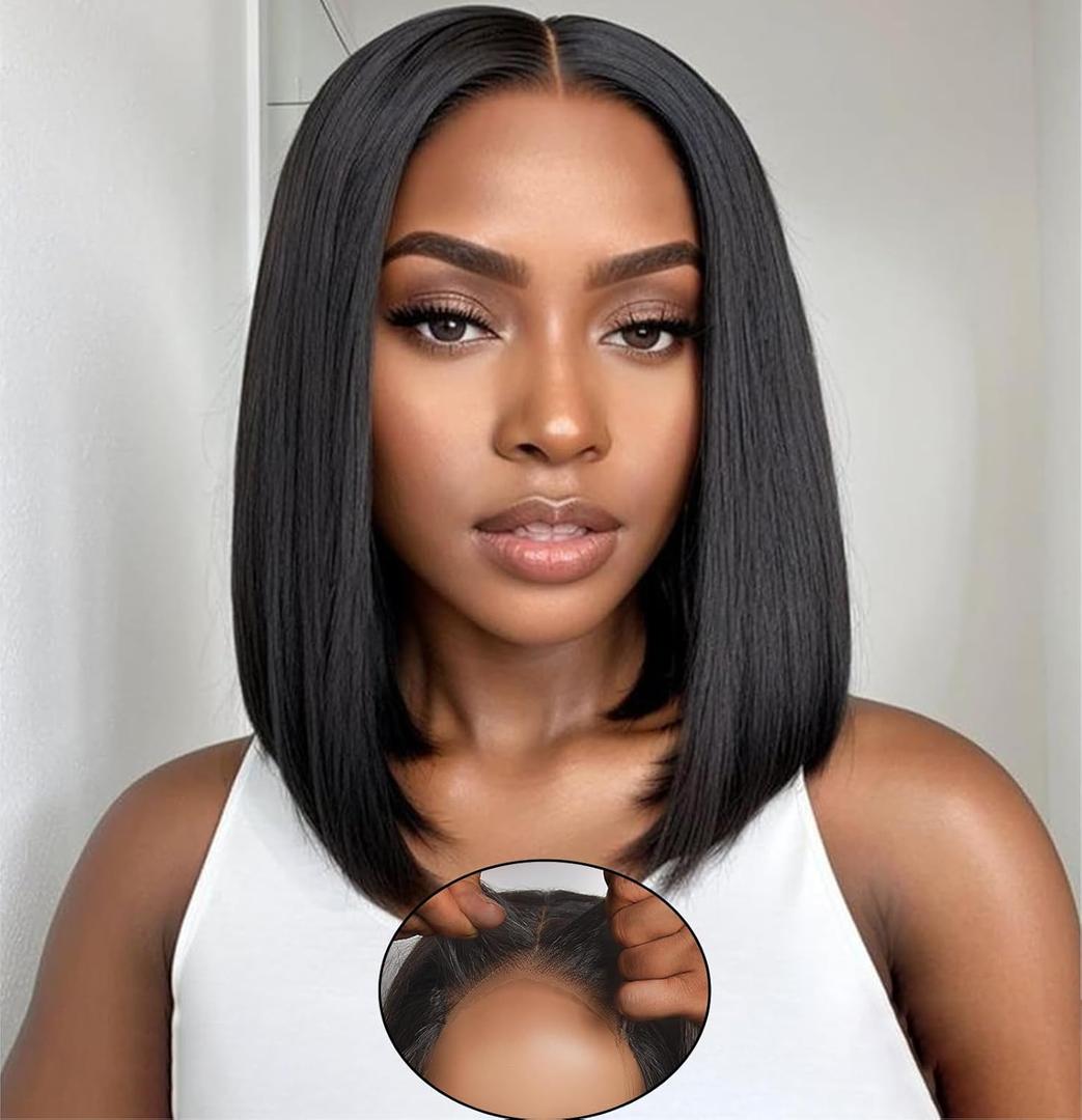 WEQUEEN Wear and Go Glueless Bob Wig Human Hair Pre Plucked Pre Cut 4x4 Skin-like Lace 250% Density Straight Short Bob Wig for Black Women 12 Inch