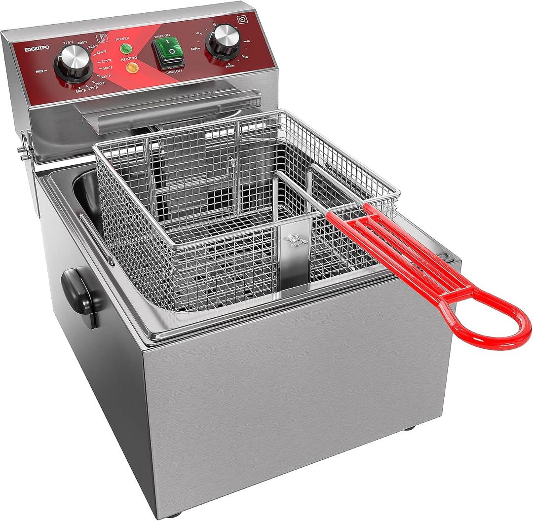 EGGKITPO Electric Deep fryer Single Tank Deep Fryer with Basket Capacity 10L(10.5QT) Electric Countertop Fryers with 60 Minute Timer for Home Kitchen and Restaurant, 1800 Watts, 120V