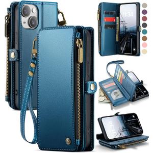 Defencase Compatible with iPhone 15 Plus Case Wallet with RFID Blocking Card Holder for Women Men, PU Leather Magnetic Snap Flip Zipper Strap Wallet Phone Case Fit for iPhone 15 Plus 6.6", Dark Blue