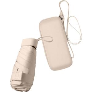 ESUFEIR Mini Sun Umbrella for Purse With Case, Small Compact UV Umbrella Travel Essentials, Lightweight Portable Parasol Windproof for Women Men Kids (Beige)