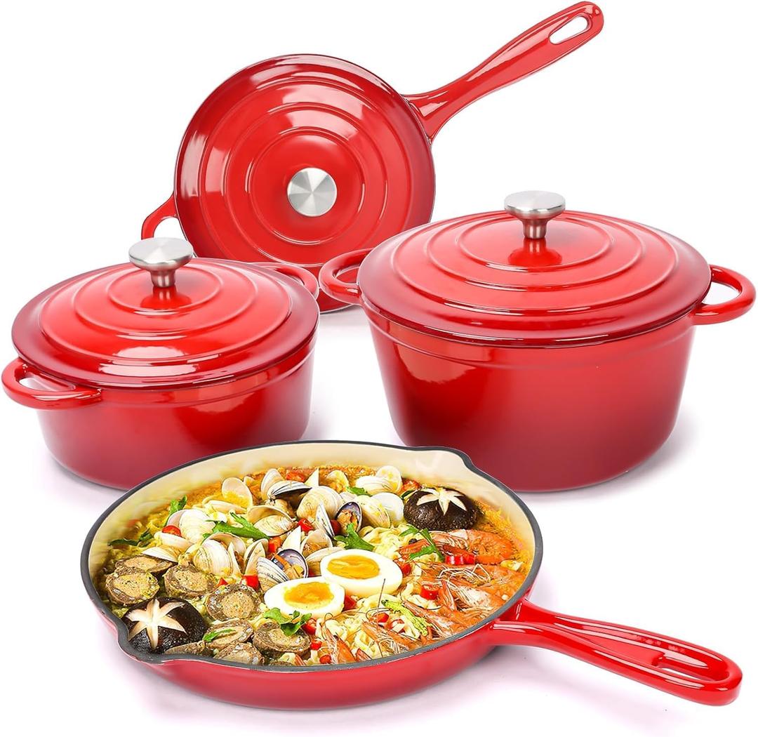 Hisencn Enameled Cast Iron Cookware Set - 7 Piece Dutch Ovens Set, Sauce Pan, Skillet, 3 Lids, Pots and Pans Set, Ceramic Coated Cast Iron, Heavy Duty, Gas/Induction Compatible, PFA Free, Rouge Red