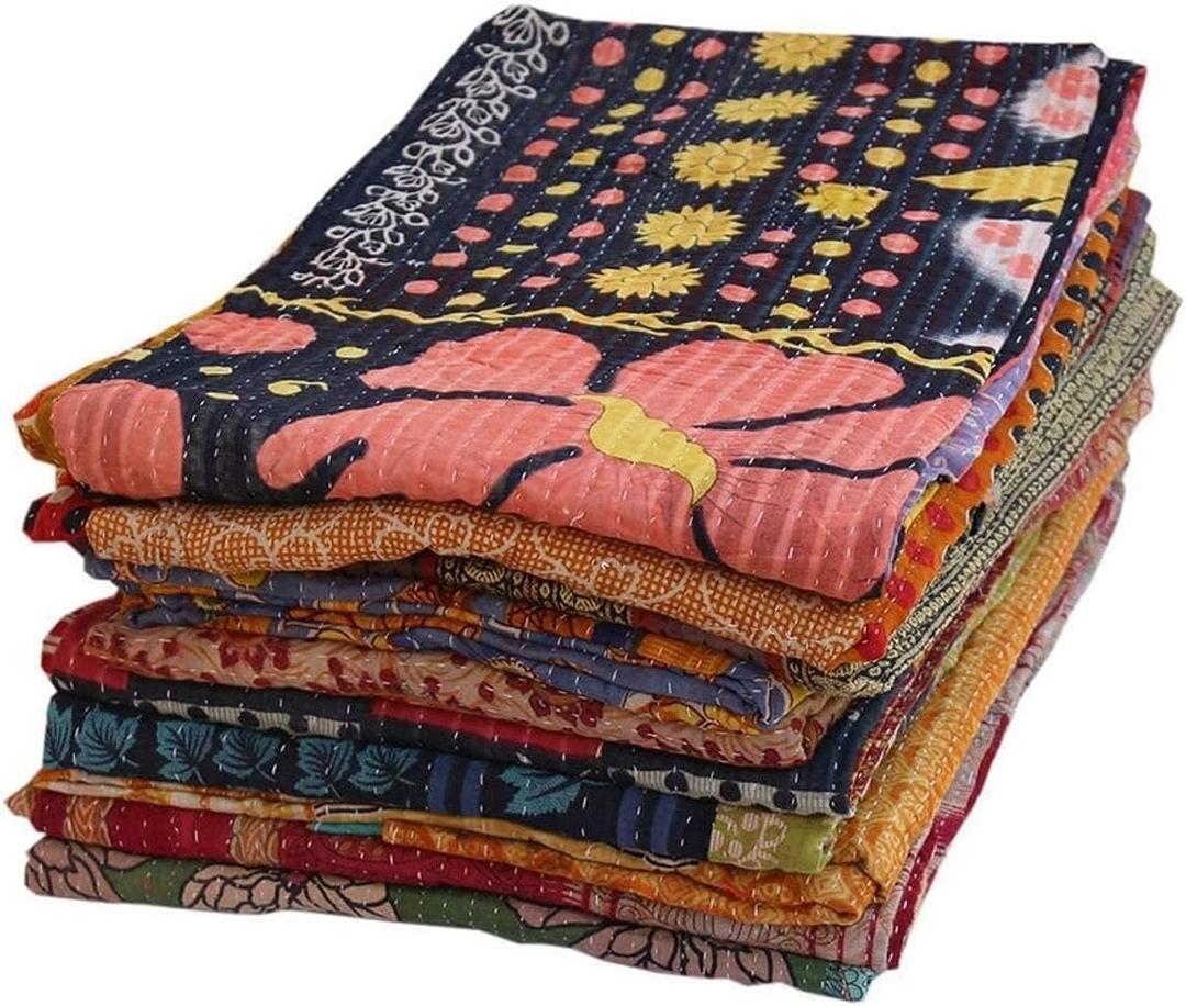 Indian Mix Lot Whole Sale Tribal Kantha Quilts Vintage Cotton Bed Cover Throw Old Assorted Patches Made Rally Vintage Assorted (Pack of 3)