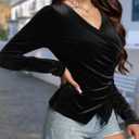 Women's Velvet Wrap Top, Wrap V Neck Ruched Asymmetrical Long Sleeve Slim Fit Dressy Blouse (Black)