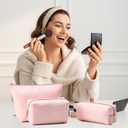 Kigeli 3 Pcs Nylon Makeup Bag Set for Women Aesthetic Cosmetic Bag with Interior Pocketes Preppy Cute Purse Pouch Makeup Brushes Storage Organizer for Travel(Pink)