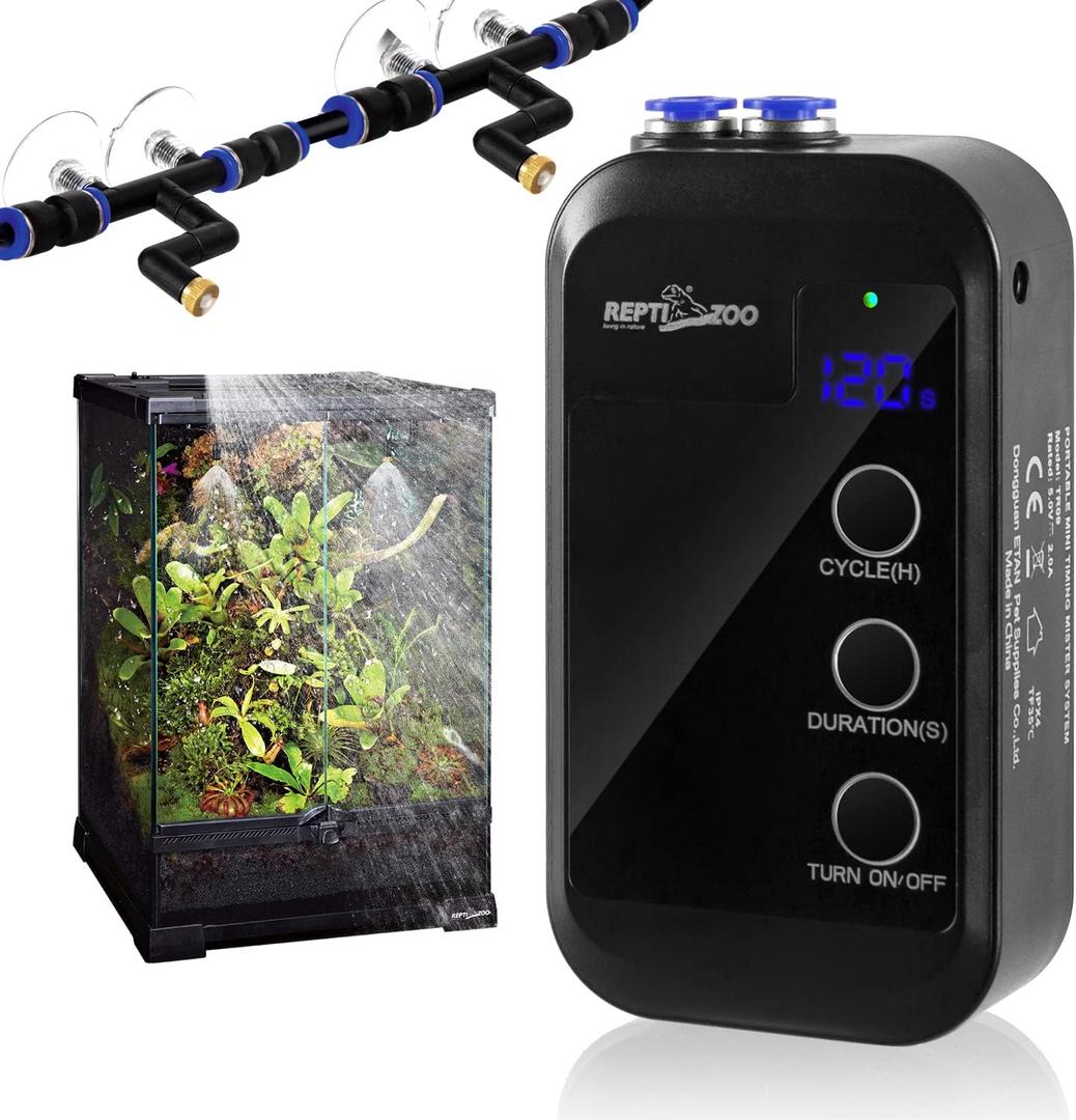 REPTI ZOO Reptile Humidifier, Mini Automatic Misting System for Reptile Terrariums, Rainforest Spray System with Adjustable Spray Nozzles (Black)
