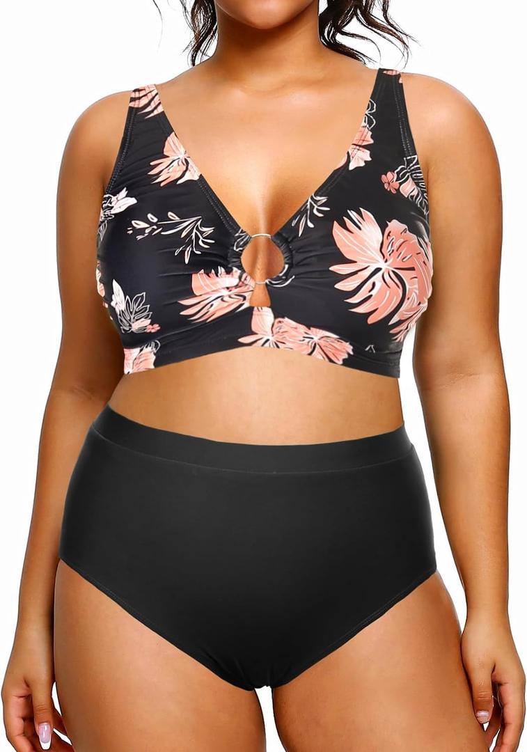Tempt Me Women Plus Size High Waisted Bikini Sets Two Piece Swimsuits O Ring Cutout Tummy Control Bathing Suits (14 Plus, Black and Pink Flower)
