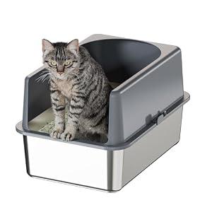 Booche High-Sided Stainless Steel Cat Litter Box, Stainless Steel Litter Box with Lid, Extra Medium Box, Easy-to-Clean Metal Litter Pan for Cats (20''L X 14''W X 12''H with Enclosure)