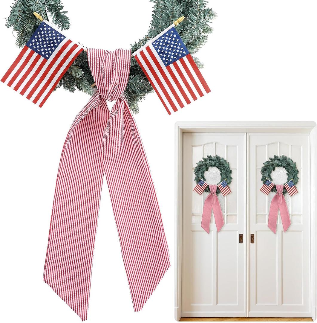 Hahafelt 2 Set of Patriotic Wreath Sashes with American Flags for Front Door, 56 x 4.5 Inch Red and White Stripe 250th Anniversary July 4th Wreath Sashes for Independence Day Home Party Decorations