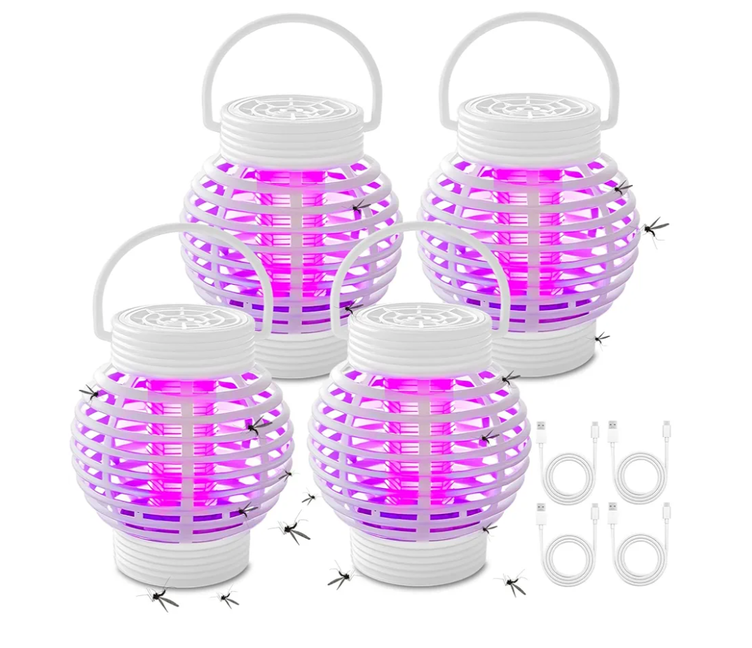 Qualirey 4 Pack 2 in 1 White Electric Bug Zapper Indoor USB Mosquito Zapper Outdoor Electronic Mosquito Killer Lamp Electric Shock Hanging Fly Trap Light for Home Patio Backyard(Lantern Style)